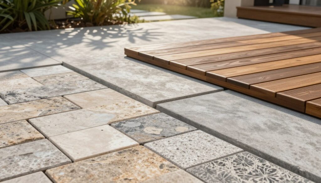 A detailed overview of various patio surface materials, showcasing a variety of textures and colors. In the foreground, display a selection of interlocking pavers made of natural stone, ceramic tiles, and composite decking, each reflecting a unique finish and pattern. In the middle ground, capture a smooth concrete slab contrasted with vibrant wooden planks, arranged artistically to illustrate durability and aesthetic appeal. In the background, create a serene garden or patio setting with soft, diffused sunlight filtering through tree leaves, evoking a peaceful atmosphere. Use a slight high-angle perspective to provide depth, ensuring that the scene conveys a professional, informative mood dedicated to choosing resilient patio surfaces.