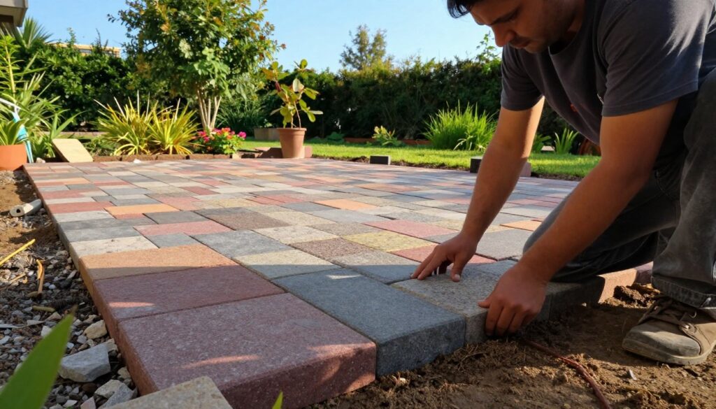 A detailed scene capturing the step-by-step process of laying down a terrace surface in a garden setting. In the foreground, a professional worker in modest casual attire is kneeling on the ground, carefully positioning paving stones. The middle ground features a partially completed terrace showcasing an organized layout of colorful, textured stones, with landscaping materials like sand and gravel scattered around. In the background, a lush green garden adds depth, with trees and a clear blue sky. The lighting is warm, suggesting a sunny afternoon, enhancing the vibrant colors of the materials. Framed as if shot with a wide-angle lens, the image conveys a sense of productivity and craftsmanship, inviting the viewer into the process of terrace installation.