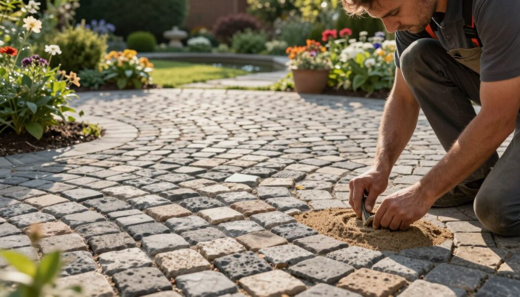 A detailed scene of fugowanie kostki in a picturesque garden setting. In the foreground, a skilled worker, dressed in professional gardening attire, meticulously applies jointing sand between beautifully arranged cobblestones, showcasing different shades of grey and earthy tones. The middle layer features an elegant patio area made of interlocking cobblestones, surrounded by lush greenery and blooming flowers, providing an inviting and serene atmosphere. In the background, a soft-focus view of a decorative garden with a small pond and ornamental shrubs under gentle afternoon sunlight, casting warm shadows that enhance the textures of the stones. The overall mood is calm and focused, emphasizing the craftsmanship and beauty of outdoor paving techniques. A detailed scene of fugowanie kostki in a picturesque garden setting. In the foreground, a skilled worker, dressed in professional gardening attire, meticulously applies jointing sand between beautifully arranged cobblestones, showcasing different shades of grey and earthy tones. The middle layer features an elegant patio area made of interlocking cobblestones, surrounded by lush greenery and blooming flowers, providing an inviting and serene atmosphere. In the background, a soft-focus view of a decorative garden with a small pond and ornamental shrubs under gentle afternoon sunlight, casting warm shadows that enhance the textures of the stones. The overall mood is calm and focused, emphasizing the craftsmanship and beauty of outdoor paving techniques.