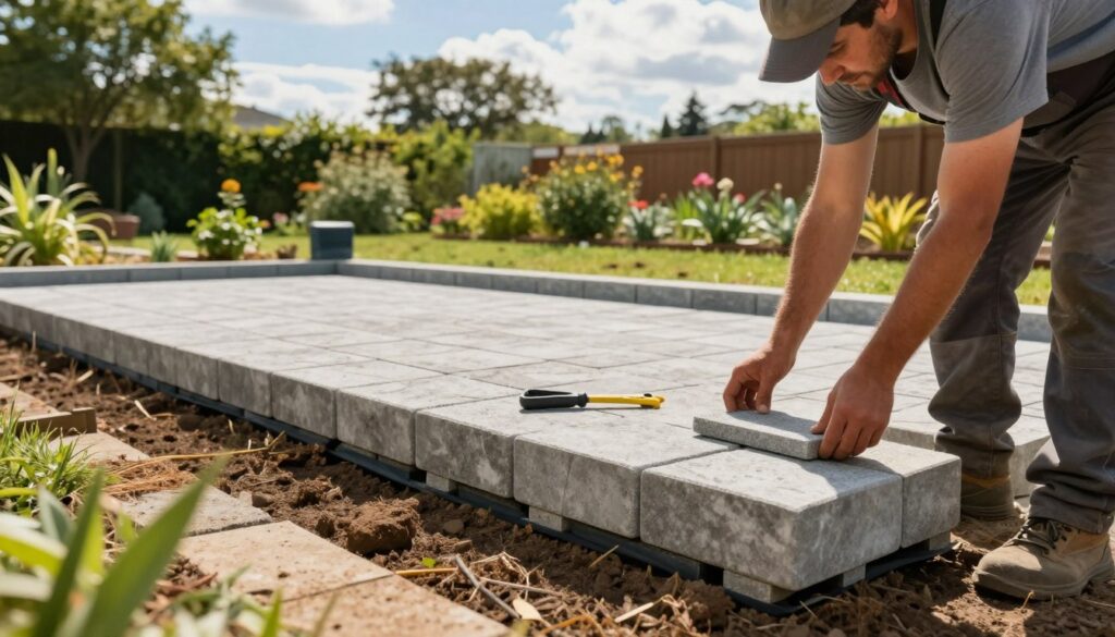 A detailed scene of preparing a garden area for an above-ground pool installation, showcasing a worker in professional attire methodically laying down interlocking stone pavers on a leveled surface. In the foreground, the individual is focused on placing the last few pavers, tools neatly arranged beside them. The middle ground illustrates a partially completed base of concrete pavers, displaying precise alignment and stability, with a soil base covered in a weed barrier underneath. The background features a vibrant garden with green grass and trees, under a bright, sunny sky with a few fluffy clouds. The lighting is warm and natural, emphasizing the textures of the pavers and landscaping. The mood is industrious yet serene, capturing the essence of garden preparation for a pool installation. A detailed scene of preparing a garden area for an above-ground pool installation, showcasing a worker in professional attire methodically laying down interlocking stone pavers on a leveled surface. In the foreground, the individual is focused on placing the last few pavers, tools neatly arranged beside them. The middle ground illustrates a partially completed base of concrete pavers, displaying precise alignment and stability, with a soil base covered in a weed barrier underneath. The background features a vibrant garden with green grass and trees, under a bright, sunny sky with a few fluffy clouds. The lighting is warm and natural, emphasizing the textures of the pavers and landscaping. The mood is industrious yet serene, capturing the essence of garden preparation for a pool installation.