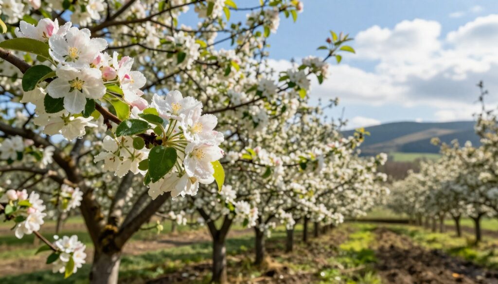 A flourishing fruit orchard in early spring, with trees laden with delicate, blooming white and pink blossoms. In the foreground, a low-angle view focuses on a cluster of flowers, showcasing their intricate petals and vibrant green leaves, capturing dewdrops glistening in the morning light. The middle ground features several fruit trees, each bursting with flowers, their branches creating a beautiful canopy. The background displays a soft-focus landscape of rolling hills under a bright blue sky, accentuated by fluffy white clouds. The overall mood is serene and inviting, reflecting the joy of nature's renewal. The sunlight filters through the branches, creating gentle dappled shadows on the ground, enhancing the feeling of warmth and growth.