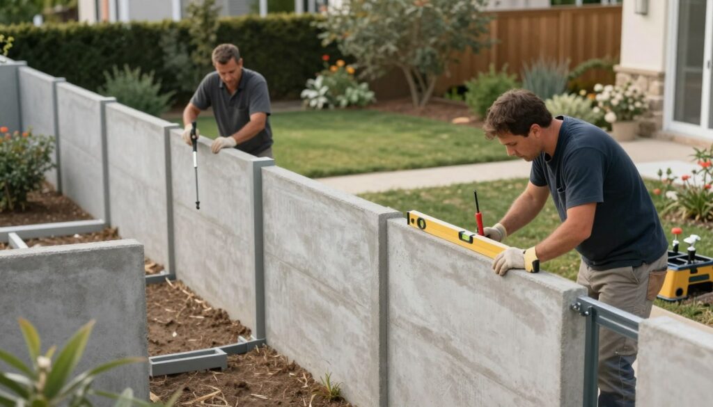 A focused scene depicting the process of fence installation in a residential setting. In the foreground, two workers in professional work attire actively set up concrete fence panels, using tools like a level and a post-hole digger. The middle ground showcases a partially erected fence, highlighting the sturdy concrete panels that emphasize their textured surface. The background features a well-maintained garden with greenery, adding a natural ambiance. Soft, natural lighting illuminates the workers, creating a warm and productive atmosphere. Capture this from a slightly elevated angle to provide a comprehensive view of the project, showcasing the importance of preparation and installation. No people are looking directly at the viewer, ensuring a focused and professional tone. A focused scene depicting the process of fence installation in a residential setting. In the foreground, two workers in professional work attire actively set up concrete fence panels, using tools like a level and a post-hole digger. The middle ground showcases a partially erected fence, highlighting the sturdy concrete panels that emphasize their textured surface. The background features a well-maintained garden with greenery, adding a natural ambiance. Soft, natural lighting illuminates the workers, creating a warm and productive atmosphere. Capture this from a slightly elevated angle to provide a comprehensive view of the project, showcasing the importance of preparation and installation. No people are looking directly at the viewer, ensuring a focused and professional tone.