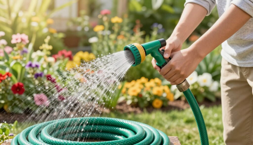 A garden hose connected to a spigot, illustrating the concept of increasing water pressure. In the foreground, the hose is slightly coiled, with water droplets glistening as they flow out of the nozzle. The middle ground features a person in modest casual clothing, adjusting a hose nozzle with a focus on their hands. In the background, a vibrant garden filled with blooming flowers and lush greenery under bright sunlight creates a cheerful and inviting atmosphere. The lighting is soft and warm, emphasizing the freshness of the scene. The angle is slightly elevated, providing a comprehensive view of the hose and the beautiful garden, conveying a sense of practicality and simplicity in enhancing water pressure. A garden hose connected to a spigot, illustrating the concept of increasing water pressure. In the foreground, the hose is slightly coiled, with water droplets glistening as they flow out of the nozzle. The middle ground features a person in modest casual clothing, adjusting a hose nozzle with a focus on their hands. In the background, a vibrant garden filled with blooming flowers and lush greenery under bright sunlight creates a cheerful and inviting atmosphere. The lighting is soft and warm, emphasizing the freshness of the scene. The angle is slightly elevated, providing a comprehensive view of the hose and the beautiful garden, conveying a sense of practicality and simplicity in enhancing water pressure.