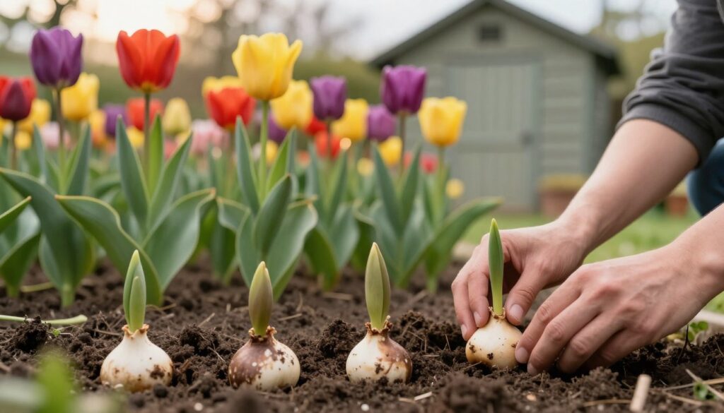 A garden scene depicting the reproduction of tulips through seeds and bulb offsets. In the foreground, a gardener gently planting tulip bulbs in rich soil, showcasing various stages of tulip growth—some sprouting from the ground while others remain nestled in their bulbs. In the middle ground, a lush flower bed filled with vibrant tulips in full bloom, displaying an array of colors—red, yellow, and purple. The background features a soft-focus view of a quaint garden shed under gentle sunlight, creating a warm, inviting atmosphere. The scene is bathed in soft, natural lighting, with a focus on the textures of the soil and the delicate petals of the tulips, captured through a shallow depth of field to emphasize the flourishing plants. A garden scene depicting the reproduction of tulips through seeds and bulb offsets. In the foreground, a gardener gently planting tulip bulbs in rich soil, showcasing various stages of tulip growth—some sprouting from the ground while others remain nestled in their bulbs. In the middle ground, a lush flower bed filled with vibrant tulips in full bloom, displaying an array of colors—red, yellow, and purple. The background features a soft-focus view of a quaint garden shed under gentle sunlight, creating a warm, inviting atmosphere. The scene is bathed in soft, natural lighting, with a focus on the textures of the soil and the delicate petals of the tulips, captured through a shallow depth of field to emphasize the flourishing plants.