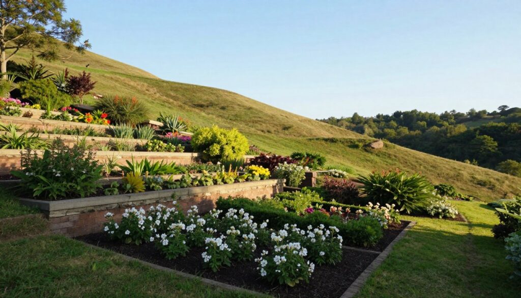 A gently sloping landscape featuring a well-maintained plot of land, showcasing various terraced gardening methods. In the foreground, there are neatly arranged flower beds with vibrant blossoms, while the middle ground displays a series of steps leading up the slope, filled with lush greenery and shrubs. In the background, a gentle hillside fades into a clear blue sky with soft, natural lighting casting warm shadows. The overall atmosphere is serene and inviting, with birds perched on a nearby tree and a distant view of a tranquil forest. The scene is captured from an eye-level angle to highlight the land's gradient and landscaping techniques, evoking inspiration for effective land management.