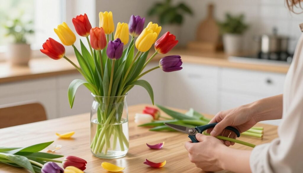 A graceful arrangement of tulip stems being prepared for a vase, set on a wooden table. The tulips are vibrant in color, showcasing a mix of reds, yellows, and purples, with fresh green leaves. In the foreground, a pair of hands, casually dressed, carefully trimming the stems with pruning shears. In the middle ground, a clear glass vase awaits, reflecting the light softly, surrounded by a few scattered petals. The background features a warm, sunlit kitchen environment with soft-focus plants and natural textures, creating an inviting and tranquil atmosphere. The scene is bright and well-lit, emphasizing the freshness of the flowers and the care in the preparation process.