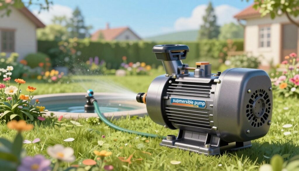 A high-quality and detailed illustration of a "submersible pump," positioned prominently in the foreground. The pump is metallic with intricate components visible, showcasing its robust design ideal for deep well applications. In the middle ground, a lush green garden with vibrant flowers and an irrigation system being powered by the pump, highlighting its practical use for home and gardening. In the background, a serene suburban setting with a clear blue sky and soft, natural lighting creating an inviting and informative atmosphere. Shot from a slightly elevated angle to emphasize the pump's functionality in a residential environment. Focus on realistic textures and materials, accentuating the engineering involved in the pump's design. A high-quality and detailed illustration of a "submersible pump," positioned prominently in the foreground. The pump is metallic with intricate components visible, showcasing its robust design ideal for deep well applications. In the middle ground, a lush green garden with vibrant flowers and an irrigation system being powered by the pump, highlighting its practical use for home and gardening. In the background, a serene suburban setting with a clear blue sky and soft, natural lighting creating an inviting and informative atmosphere. Shot from a slightly elevated angle to emphasize the pump's functionality in a residential environment. Focus on realistic textures and materials, accentuating the engineering involved in the pump's design.