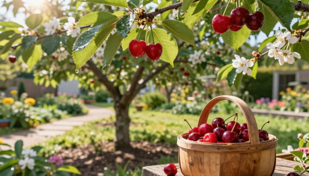 A lush display of classic cherry varieties in a sunny home garden setting. In the foreground, ripe cherries hang from vibrant green branches, dewdrops glistening under the morning sun. The middle ground features well-tended cherry trees, their delicate blossoms just starting to fade, signaling a bountiful harvest. A rustic wooden basket sits nearby, filled with freshly picked cherries, showcasing their rich red hues and glossy skins. In the background, softly blurred garden elements like blooming flowers and a quaint garden path enhance the tranquil atmosphere. Warm sunlight pours through the branches, casting gentle shadows on the ground, evoking a mood of peaceful abundance and home-made preservation. The scene invites the viewer to imagine the joys of home gardening and delicious preserves. A lush display of classic cherry varieties in a sunny home garden setting. In the foreground, ripe cherries hang from vibrant green branches, dewdrops glistening under the morning sun. The middle ground features well-tended cherry trees, their delicate blossoms just starting to fade, signaling a bountiful harvest. A rustic wooden basket sits nearby, filled with freshly picked cherries, showcasing their rich red hues and glossy skins. In the background, softly blurred garden elements like blooming flowers and a quaint garden path enhance the tranquil atmosphere. Warm sunlight pours through the branches, casting gentle shadows on the ground, evoking a mood of peaceful abundance and home-made preservation. The scene invites the viewer to imagine the joys of home gardening and delicious preserves.