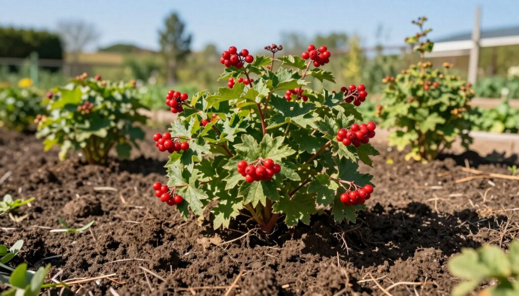 A lush garden bed featuring the vibrant red berries of the Viburnum opulus (common snowball tree) surrounded by rich, dark brown soil. In the foreground, focus on the soil texture, showcasing earthy tones with hints of organic matter and small roots. The middle ground reveals healthy green foliage of the plant, illustrating robust growth and vitality, while several plants are spaced neatly in well-tended rows. The background fades into a soft blur of a bright, sunny day with a clear blue sky, accentuating the healthy environment. The lighting is warm and natural, casting gentle shadows that enhance the depth of the soil and plants. Capture this scene with a shallow depth of field to emphasize the quality of the soil and its significance for lush plant growth. A lush garden bed featuring the vibrant red berries of the Viburnum opulus (common snowball tree) surrounded by rich, dark brown soil. In the foreground, focus on the soil texture, showcasing earthy tones with hints of organic matter and small roots. The middle ground reveals healthy green foliage of the plant, illustrating robust growth and vitality, while several plants are spaced neatly in well-tended rows. The background fades into a soft blur of a bright, sunny day with a clear blue sky, accentuating the healthy environment. The lighting is warm and natural, casting gentle shadows that enhance the depth of the soil and plants. Capture this scene with a shallow depth of field to emphasize the quality of the soil and its significance for lush plant growth.