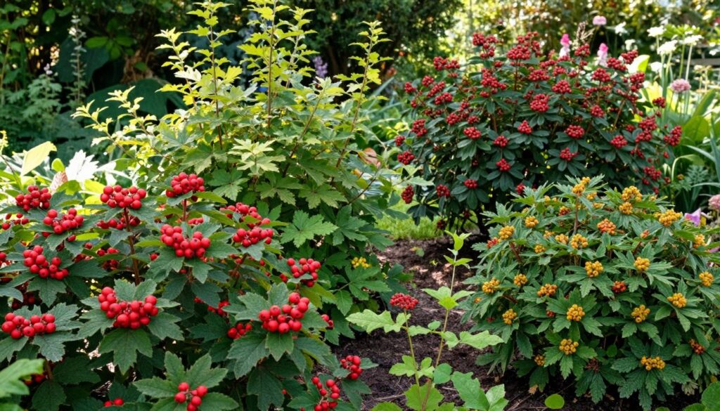 A lush garden featuring various cultivars of the viburnum opulus, known as guelder rose, showcasing their distinctive features. In the foreground, vibrant clusters of red berries and glossy green leaves of different plant varieties, highlighting their size and shape differences. The middle ground displays a range of shrub sizes, from young bushes to mature specimens, representing growth stages and potential landscapes they can achieve. Soft natural lighting filters through green foliage, creating dappled shadows and a serene atmosphere. The background features a blurred garden landscape with flowering plants and trees, evoking a sense of tranquility and biodiversity. The scene captures the beauty and diversity of the viburnum cultivars, emphasizing their potential sizes and growth in a horticultural setting. A lush garden featuring various cultivars of the viburnum opulus, known as guelder rose, showcasing their distinctive features. In the foreground, vibrant clusters of red berries and glossy green leaves of different plant varieties, highlighting their size and shape differences. The middle ground displays a range of shrub sizes, from young bushes to mature specimens, representing growth stages and potential landscapes they can achieve. Soft natural lighting filters through green foliage, creating dappled shadows and a serene atmosphere. The background features a blurred garden landscape with flowering plants and trees, evoking a sense of tranquility and biodiversity. The scene captures the beauty and diversity of the viburnum cultivars, emphasizing their potential sizes and growth in a horticultural setting.