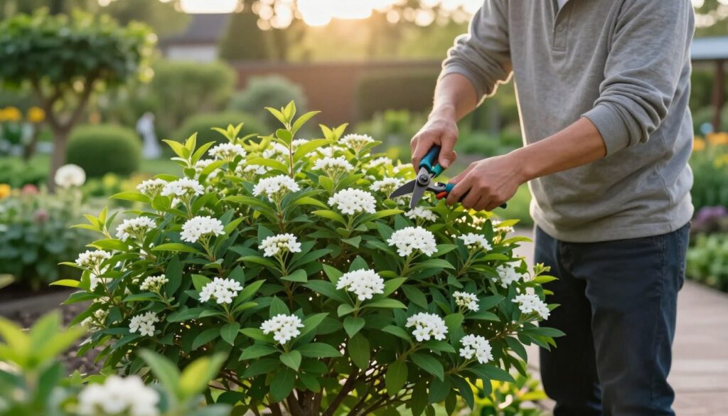 A lush garden scene featuring a beautifully pruned Japanese spiraea (tawuła japońska) shrub, showcasing its compact and rounded shape. In the foreground, the vividly green leaves and delicate clusters of white flowers are highlighted, illustrating the results of proper pruning. In the middle, a gardener in modest casual clothing tends to the shrub, using pruning shears with care, emphasizing the act of trimming. The background is softly blurred, revealing a serene landscape with lush plants and a gentle path winding through the garden. The lighting is warm and inviting, capturing the essence of a late afternoon sun casting a golden glow on the scene, creating a calm and nurturing atmosphere.