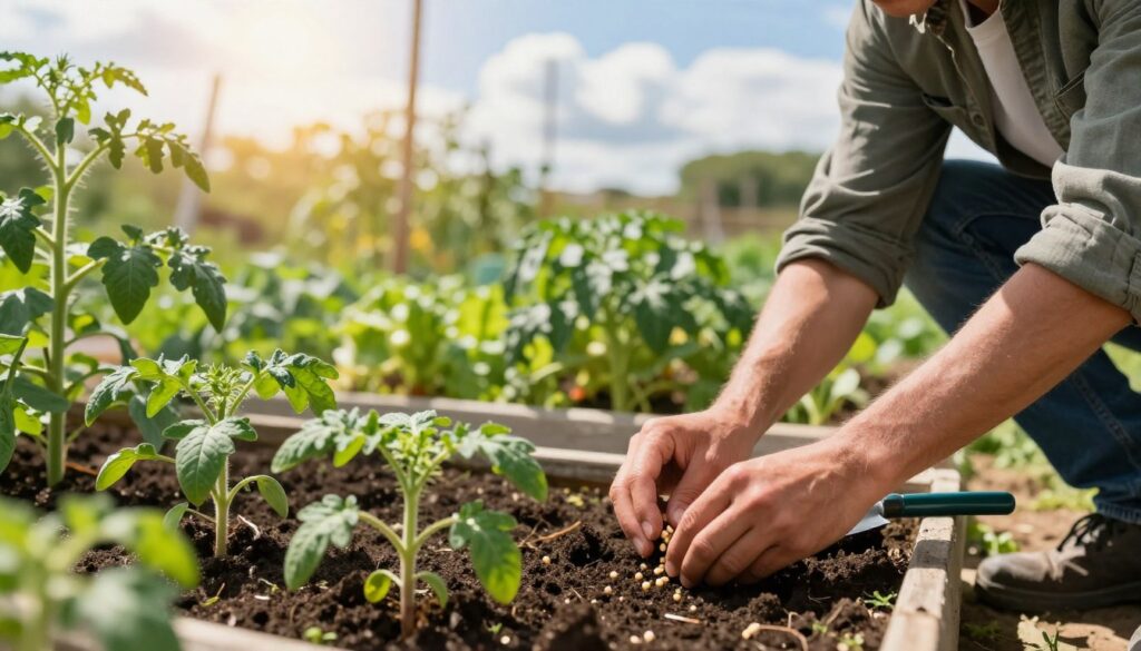 A lush garden scene featuring a vegetable patch showcasing tomato seedlings at various stages of growth, with vibrant green leaves and small, healthy plants. In the foreground, a gardener in modest casual clothing gently sows tomato seeds, emphasizing careful planting techniques. The middle ground highlights a variety of tomato plants in small plots, with gardening tools nearby. In the background, a sunny sky with soft, white clouds creates a warm atmosphere. The lighting is bright and inviting, with sunshine filtering through the leaves. The angle captures the interplay between the gardener and the thriving plants, evoking a sense of optimism and productivity in a thriving vegetable garden. A lush garden scene featuring a vegetable patch showcasing tomato seedlings at various stages of growth, with vibrant green leaves and small, healthy plants. In the foreground, a gardener in modest casual clothing gently sows tomato seeds, emphasizing careful planting techniques. The middle ground highlights a variety of tomato plants in small plots, with gardening tools nearby. In the background, a sunny sky with soft, white clouds creates a warm atmosphere. The lighting is bright and inviting, with sunshine filtering through the leaves. The angle captures the interplay between the gardener and the thriving plants, evoking a sense of optimism and productivity in a thriving vegetable garden.
