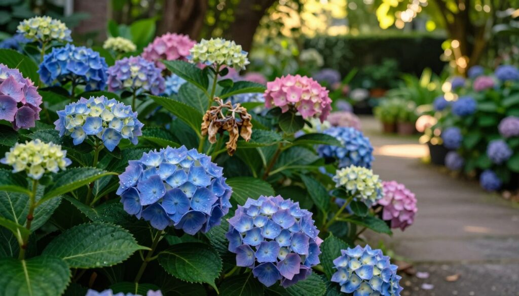 A lush garden scene featuring a vibrant hydrangea bush, full of richly colored blooms in shades of blue, pink, and white. In the foreground, the large, round flower heads are detailed and dewy, showcasing their delicate petals. The middle ground captures a variety of hydrangea plants, displaying different stages of flowering, some wilted or drying, highlighting common care mistakes. In the background, a softly blurred garden pathway leads deeper into the greenery, dappled with gentle sunlight filtering through leaves. The atmosphere is serene, evoking a sense of urgency to address plant care. The lighting is warm and inviting, simulating golden hour, with a focus on the hydrangeas that calls attention to their beauty and fragility. A lush garden scene featuring a vibrant hydrangea bush, full of richly colored blooms in shades of blue, pink, and white. In the foreground, the large, round flower heads are detailed and dewy, showcasing their delicate petals. The middle ground captures a variety of hydrangea plants, displaying different stages of flowering, some wilted or drying, highlighting common care mistakes. In the background, a softly blurred garden pathway leads deeper into the greenery, dappled with gentle sunlight filtering through leaves. The atmosphere is serene, evoking a sense of urgency to address plant care. The lighting is warm and inviting, simulating golden hour, with a focus on the hydrangeas that calls attention to their beauty and fragility.
