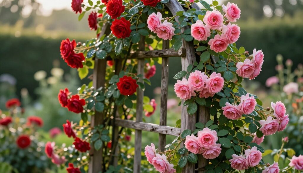 A lush garden scene featuring climbing roses, showcasing two varieties: vibrant red ramblers and delicate pink climbers intertwined on a rustic wooden trellis. In the foreground, dew-kissed petals glisten in the early morning light, capturing their intricate textures and rich colors. The middle ground highlights the trellis adorned with these flowering vines, emphasizing the difference in growth habits and cluster formations between the two types. The background is a softly blurred garden filled with greenery, providing depth while maintaining focus on the roses. The sunlight filters through, creating a warm and inviting atmosphere, evoking a sense of tranquility and beauty. The composition should have a shallow depth of field, enhancing the vividness of the roses and ensuring their details stand out dramatically.
