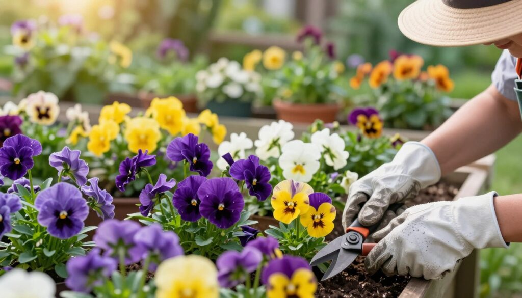 A lush garden scene featuring vibrant pansies in full bloom, their rich purple, yellow, and white petals glistening under soft morning sunlight. In the foreground, a close-up of a gardener gently pruning the pansies, wearing a sunhat and gloves, showcasing proper gardening techniques. The middle ground includes various pots of alternating colors of pansies, arranged in an aesthetically pleasing pattern. In the background, a serene garden landscape with soft-focus greenery and colorful flowers, adding depth to the composition. The atmosphere is cheerful and inviting, with bright, natural lighting streaming through, creating a warm and nurturing environment. No text or watermarks are present, enhancing the visual appeal of the scene. A lush garden scene featuring vibrant pansies in full bloom, their rich purple, yellow, and white petals glistening under soft morning sunlight. In the foreground, a close-up of a gardener gently pruning the pansies, wearing a sunhat and gloves, showcasing proper gardening techniques. The middle ground includes various pots of alternating colors of pansies, arranged in an aesthetically pleasing pattern. In the background, a serene garden landscape with soft-focus greenery and colorful flowers, adding depth to the composition. The atmosphere is cheerful and inviting, with bright, natural lighting streaming through, creating a warm and nurturing environment. No text or watermarks are present, enhancing the visual appeal of the scene.