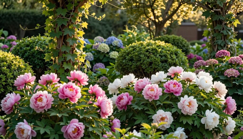 A lush garden scene featuring vibrant peonies in full bloom, surrounded by various ornamental shrubs and climbing vines. In the foreground, the rich pink and white petals of the peonies capture sunlight, exuding a sense of elegance. The middle ground showcases diverse bushy plants such as boxwood and hydrangea, their textures subtly contrasting with the soft blooms. Delicate tendrils of climbing ivy intertwine gracefully, adding depth and fluidity to the arrangement. The background is softly blurred, hinting at a serene garden setting with dappled sunlight filtering through leaves. Use a warm, golden hour lighting to enhance the inviting atmosphere, and a wide-angle lens effect to capture the intertwined beauty of these plants harmoniously working together in a cohesive, elegant composition. A lush garden scene featuring vibrant peonies in full bloom, surrounded by various ornamental shrubs and climbing vines. In the foreground, the rich pink and white petals of the peonies capture sunlight, exuding a sense of elegance. The middle ground showcases diverse bushy plants such as boxwood and hydrangea, their textures subtly contrasting with the soft blooms. Delicate tendrils of climbing ivy intertwine gracefully, adding depth and fluidity to the arrangement. The background is softly blurred, hinting at a serene garden setting with dappled sunlight filtering through leaves. Use a warm, golden hour lighting to enhance the inviting atmosphere, and a wide-angle lens effect to capture the intertwined beauty of these plants harmoniously working together in a cohesive, elegant composition.