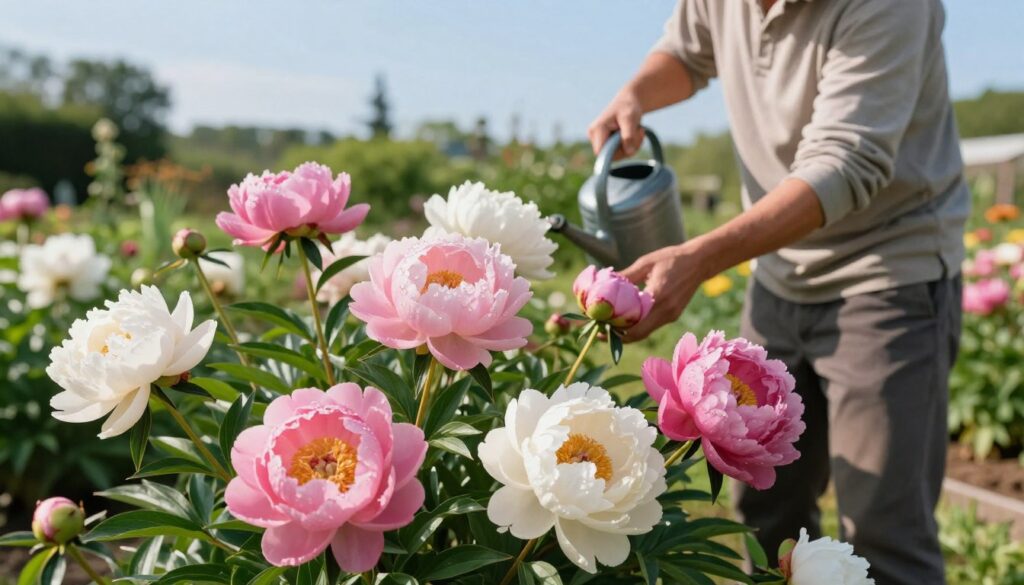 A lush garden scene focused on peonies in full bloom, showcasing the care and maintenance of these beautiful flowers during their growing season. In the foreground, vibrant peonies with various shades of pink and white petals stand tall, some with dew drops glistening in the morning sunlight. In the middle ground, a gardener in modest casual attire gently tending to the flowers, using tools like pruning shears and a watering can. The background features a serene garden landscape with soft greenery and a clear blue sky, creating a warm and nurturing atmosphere. The lighting is bright and natural, capturing the essence of a sunny day, emphasizing the beauty and abundance of the peony blooms. A lush garden scene focused on peonies in full bloom, showcasing the care and maintenance of these beautiful flowers during their growing season. In the foreground, vibrant peonies with various shades of pink and white petals stand tall, some with dew drops glistening in the morning sunlight. In the middle ground, a gardener in modest casual attire gently tending to the flowers, using tools like pruning shears and a watering can. The background features a serene garden landscape with soft greenery and a clear blue sky, creating a warm and nurturing atmosphere. The lighting is bright and natural, capturing the essence of a sunny day, emphasizing the beauty and abundance of the peony blooms.