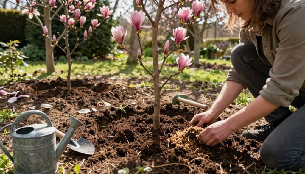 A lush garden scene focused on preparing soil for magnolias, featuring a gardener kneeling in the foreground, wearing modest gardening attire, skillfully mixing rich, dark soil with organic compost. In the middle ground, two freshly dug planting holes are visible, shaped specifically for the magnolia roots, surrounded by garden tools like a trowel and watering can. Soft sunlight filters through nearby trees, creating dappled light on the soil, while gentle shadows add depth. In the background, vibrant magnolia trees with creamy pink buds and dark green foliage create a serene atmosphere, suggesting a tranquil garden setting. The mood conveys dedication to nurturing plants, emphasizing the importance of suitable soil preparation for healthy magnolias. A lush garden scene focused on preparing soil for magnolias, featuring a gardener kneeling in the foreground, wearing modest gardening attire, skillfully mixing rich, dark soil with organic compost. In the middle ground, two freshly dug planting holes are visible, shaped specifically for the magnolia roots, surrounded by garden tools like a trowel and watering can. Soft sunlight filters through nearby trees, creating dappled light on the soil, while gentle shadows add depth. In the background, vibrant magnolia trees with creamy pink buds and dark green foliage create a serene atmosphere, suggesting a tranquil garden setting. The mood conveys dedication to nurturing plants, emphasizing the importance of suitable soil preparation for healthy magnolias.