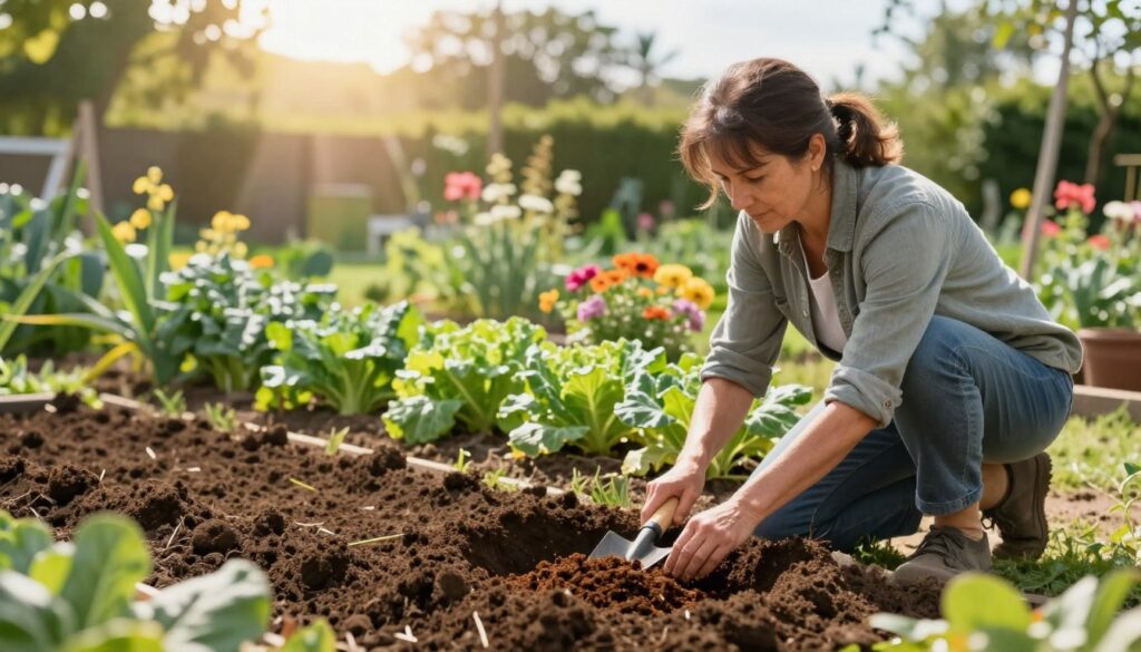 A lush garden scene illustrating the process of amending clay soil, focusing on a gardener working diligently. In the foreground, a middle-aged woman dressed in modest, casual gardening attire is kneeling, mixing organic compost into the rich, dark clay soil with a trowel. In the middle ground, vibrant vegetable plants and flowering shrubs thrive, showcasing the improved soil quality. The background features a soft-focus view of a sunny day with gentle rays of sunlight filtering through the leaves of nearby trees, creating a warm and inviting atmosphere. The overall mood is productive and hopeful, highlighting the transformation of the garden through effective soil amendment techniques. The composition emphasizes the importance of nurturing clay soil for successful gardening. A lush garden scene illustrating the process of amending clay soil, focusing on a gardener working diligently. In the foreground, a middle-aged woman dressed in modest, casual gardening attire is kneeling, mixing organic compost into the rich, dark clay soil with a trowel. In the middle ground, vibrant vegetable plants and flowering shrubs thrive, showcasing the improved soil quality. The background features a soft-focus view of a sunny day with gentle rays of sunlight filtering through the leaves of nearby trees, creating a warm and inviting atmosphere. The overall mood is productive and hopeful, highlighting the transformation of the garden through effective soil amendment techniques. The composition emphasizes the importance of nurturing clay soil for successful gardening.