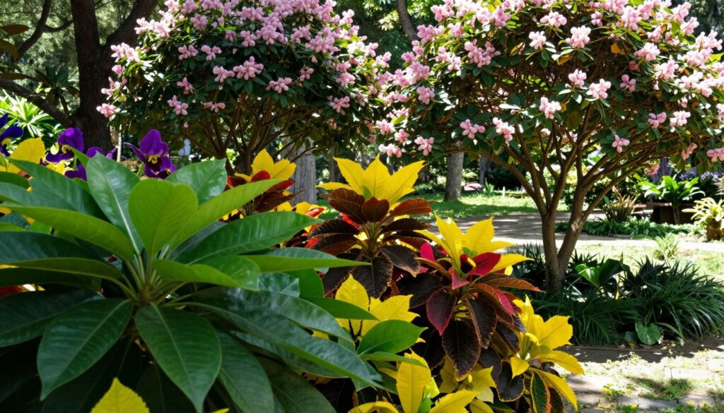 A lush garden scene showcasing a variety of trees with strikingly vibrant leaves and exquisite flowers, emphasizing species known for their decorative foliage and blooms. In the foreground, a close-up view of large, glossy leaves in rich shades of green, intermixed with bright flowers in yellows, reds, and purples. The middle ground features elegantly shaped trees that provide shade, their branches adorned with eye-catching blossoms. Soft, dappled sunlight filters through the leaves, casting gentle shadows on the ground, suggesting a serene and inviting atmosphere. The background includes a blurred view of a lightly wooded area, enhancing the feeling of privacy. The composition should be framed as if taken from a slightly elevated angle, capturing the intricate details of the leaves and flowers.