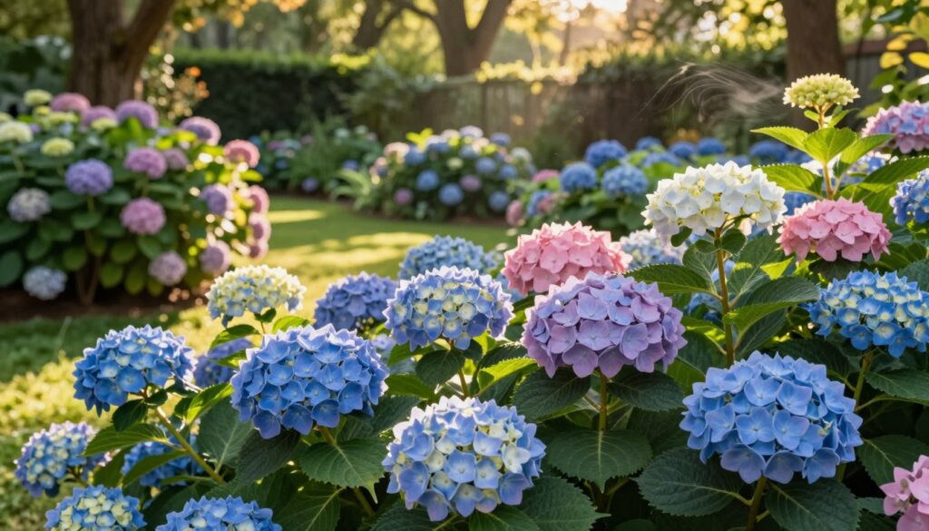 A lush garden scene showcasing vibrant hydrangeas ("hortensje") in various stages of bloom, positioned prominently in the foreground, displaying their rich hues of blue, pink, and white. In the middle background, a well-thought-out layout of the garden reveals strategic placements of these flowering shrubs under dappled sunlight, illustrating the importance of light exposure in promoting their growth and flowering. The atmosphere is warm and inviting, with soft, golden lighting illuminating the petals and the surrounding greenery. A gentle breeze can be felt, causing the leaves to sway slightly, adding a sense of tranquility. The scene is captured from a low angle, emphasizing the height of the hydrangeas and the interplay of light and shadow, evoking a peaceful, harmonious environment conducive to blooming. A lush garden scene showcasing vibrant hydrangeas ("hortensje") in various stages of bloom, positioned prominently in the foreground, displaying their rich hues of blue, pink, and white. In the middle background, a well-thought-out layout of the garden reveals strategic placements of these flowering shrubs under dappled sunlight, illustrating the importance of light exposure in promoting their growth and flowering. The atmosphere is warm and inviting, with soft, golden lighting illuminating the petals and the surrounding greenery. A gentle breeze can be felt, causing the leaves to sway slightly, adding a sense of tranquility. The scene is captured from a low angle, emphasizing the height of the hydrangeas and the interplay of light and shadow, evoking a peaceful, harmonious environment conducive to blooming.