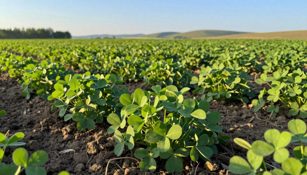 A lush green field thriving with various types of green manures, such as clover and vetch, contributing to soil enrichment. In the foreground, rich, textured soil is seen partly covered with vibrant green plants, showcasing their healthy leaves. The middle ground features an expansive view of the field with patches of green manures flourishing under soft afternoon sunlight, casting gentle shadows. In the background, a clear blue sky meets distant rolling hills, enhancing the feeling of a serene, productive landscape. The lighting is warm and inviting, creating an atmosphere of natural abundance and growth. Shot from a low angle to emphasize the lushness of the plants, capturing the essence of sustainable agriculture. The image should be peaceful and inspirational, embodying the concept of natural soil enhancement. A lush green field thriving with various types of green manures, such as clover and vetch, contributing to soil enrichment. In the foreground, rich, textured soil is seen partly covered with vibrant green plants, showcasing their healthy leaves. The middle ground features an expansive view of the field with patches of green manures flourishing under soft afternoon sunlight, casting gentle shadows. In the background, a clear blue sky meets distant rolling hills, enhancing the feeling of a serene, productive landscape. The lighting is warm and inviting, creating an atmosphere of natural abundance and growth. Shot from a low angle to emphasize the lushness of the plants, capturing the essence of sustainable agriculture. The image should be peaceful and inspirational, embodying the concept of natural soil enhancement.