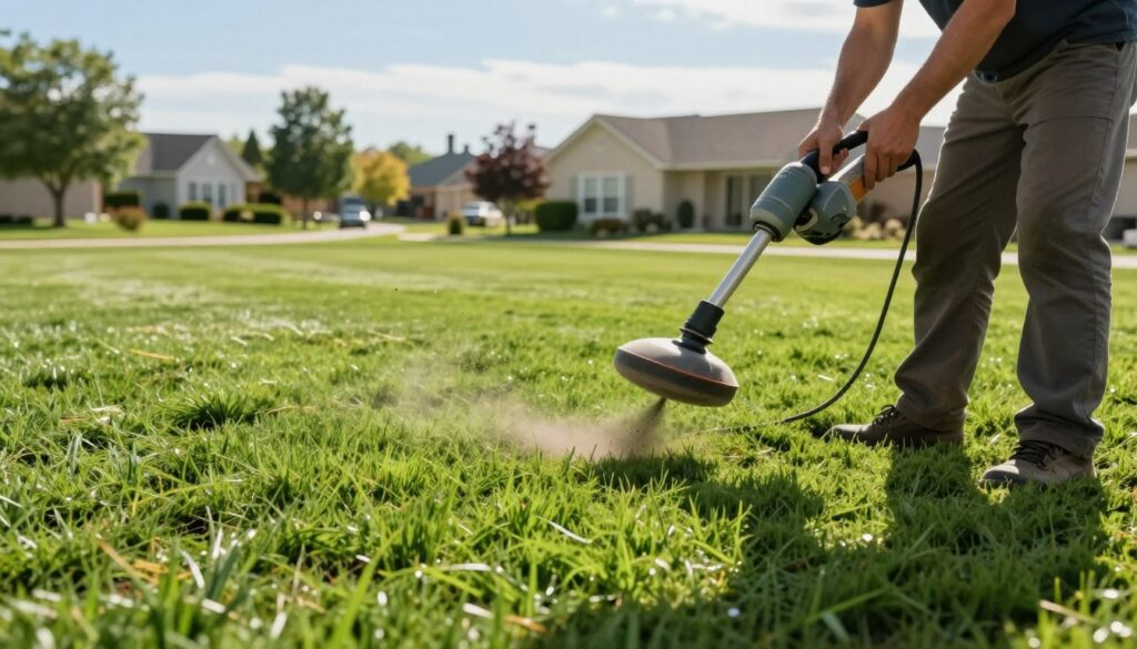 A lush, green lawn showing the process of lawn leveling using sandblasting techniques. In the foreground, a professional landscaper in modest work attire operates a sandblaster, directing fine particles onto a section of uneven grass. The middle ground features the area of lawn being treated, highlighting the contrast between the smooth, newly leveled grass and the surrounding uneven patches. In the background, a picturesque suburban setting with a clear blue sky and soft sunlight creates a warm atmosphere, emphasizing the effectiveness of the method. The image is captured from a slightly low angle, showcasing the depth of the grass and the intricacies of the leveling process. The overall mood conveys a sense of professionalism and expertise in lawn care. A lush, green lawn showing the process of lawn leveling using sandblasting techniques. In the foreground, a professional landscaper in modest work attire operates a sandblaster, directing fine particles onto a section of uneven grass. The middle ground features the area of lawn being treated, highlighting the contrast between the smooth, newly leveled grass and the surrounding uneven patches. In the background, a picturesque suburban setting with a clear blue sky and soft sunlight creates a warm atmosphere, emphasizing the effectiveness of the method. The image is captured from a slightly low angle, showcasing the depth of the grass and the intricacies of the leveling process. The overall mood conveys a sense of professionalism and expertise in lawn care.