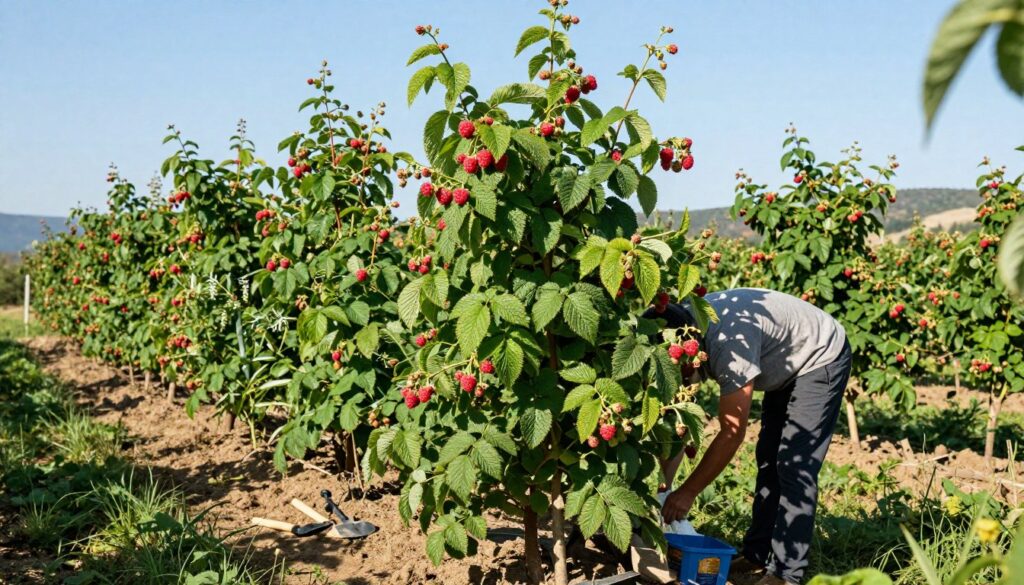A lush raspberry garden in full bloom during springtime, showcasing vibrant green leaves and clusters of ripe red raspberries ready for harvest. In the foreground, a gardener in modest casual clothing is carefully spreading organic fertilizer around the base of the raspberry bushes. The middle ground captures rows of healthy raspberry plants with distinct soil textures and small garden tools scattered nearby. The background features a clear blue sky and a distant view of rolling hills, adding depth to the landscape. Soft sunlight filters through the leaves, casting gentle shadows on the ground, creating a serene and nurturing atmosphere, perfect for growth. The composition should evoke a sense of calmness and diligent care for the plants. A lush raspberry garden in full bloom during springtime, showcasing vibrant green leaves and clusters of ripe red raspberries ready for harvest. In the foreground, a gardener in modest casual clothing is carefully spreading organic fertilizer around the base of the raspberry bushes. The middle ground captures rows of healthy raspberry plants with distinct soil textures and small garden tools scattered nearby. The background features a clear blue sky and a distant view of rolling hills, adding depth to the landscape. Soft sunlight filters through the leaves, casting gentle shadows on the ground, creating a serene and nurturing atmosphere, perfect for growth. The composition should evoke a sense of calmness and diligent care for the plants.