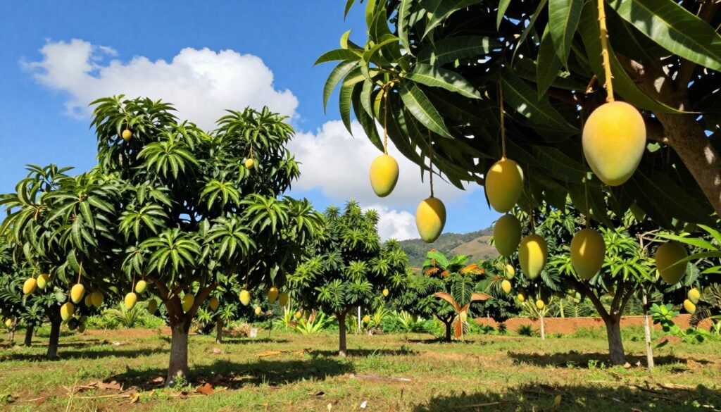 A lush tropical landscape featuring mango trees in various stages of growth. In the foreground, ripe, golden mangoes hang from thick branches, surrounded by large, glossy green leaves. The middle ground showcases several mango trees with strong trunks and abundant foliage, set against a vibrant blue sky dotted with a few fluffy white clouds. In the background, a diverse range of tropical plants and hills gently roll into the distance, creating a serene atmosphere. Warm sunlight filters through the leaves, casting dappled shadows on the ground. The scene should evoke a sense of abundance and vitality, perfect for illustrating the global growth conditions of mangoes. Use a wide-angle lens to capture the breadth of this flourishing environment with clear and vivid colors. A lush tropical landscape featuring mango trees in various stages of growth. In the foreground, ripe, golden mangoes hang from thick branches, surrounded by large, glossy green leaves. The middle ground showcases several mango trees with strong trunks and abundant foliage, set against a vibrant blue sky dotted with a few fluffy white clouds. In the background, a diverse range of tropical plants and hills gently roll into the distance, creating a serene atmosphere. Warm sunlight filters through the leaves, casting dappled shadows on the ground. The scene should evoke a sense of abundance and vitality, perfect for illustrating the global growth conditions of mangoes. Use a wide-angle lens to capture the breadth of this flourishing environment with clear and vivid colors.