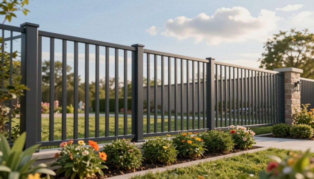 A modern, aesthetically pleasing metal panel fence stands prominently in a well-maintained garden setting. In the foreground, the sleek, vertical panels of the fence are highlighted, showcasing their durability and stylish design. The middle ground features vibrant flowering plants and neatly trimmed hedges that complement the fence, adding a touch of nature. In the background, a clear blue sky with soft, fluffy clouds bathes the scene in warm, natural light, creating a serene atmosphere. The angle is slightly elevated, capturing both the height of the fence and the surrounding garden details, emphasizing the balance between functionality and beauty. The mood is tranquil and inviting, ideal for illustrating an effective, affordable fencing solution. A modern, aesthetically pleasing metal panel fence stands prominently in a well-maintained garden setting. In the foreground, the sleek, vertical panels of the fence are highlighted, showcasing their durability and stylish design. The middle ground features vibrant flowering plants and neatly trimmed hedges that complement the fence, adding a touch of nature. In the background, a clear blue sky with soft, fluffy clouds bathes the scene in warm, natural light, creating a serene atmosphere. The angle is slightly elevated, capturing both the height of the fence and the surrounding garden details, emphasizing the balance between functionality and beauty. The mood is tranquil and inviting, ideal for illustrating an effective, affordable fencing solution.