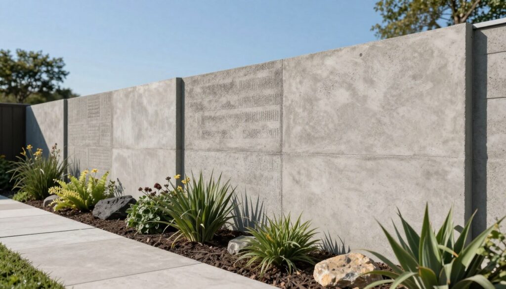 A modern concrete panel fence installation in a contemporary garden. In the foreground, showcase textured concrete panels with varying patterns and styles, intertwining with lush greenery, flowers, and decorative stones. The middle ground features multiple sections of the fence, demonstrating its height and durability, casting soft shadows on the ground. In the background, a clear blue sky creates a stark contrast with the neutral tones of the concrete, while distant trees add depth to the scene. Soft, natural lighting highlights the surfaces of the panels, emphasizing their robust features. Capture the image from a low angle to accentuate the solidity and modern aesthetic of the concrete elements, evoking a sense of strength and sophistication in contemporary landscaping. A modern concrete panel fence installation in a contemporary garden. In the foreground, showcase textured concrete panels with varying patterns and styles, intertwining with lush greenery, flowers, and decorative stones. The middle ground features multiple sections of the fence, demonstrating its height and durability, casting soft shadows on the ground. In the background, a clear blue sky creates a stark contrast with the neutral tones of the concrete, while distant trees add depth to the scene. Soft, natural lighting highlights the surfaces of the panels, emphasizing their robust features. Capture the image from a low angle to accentuate the solidity and modern aesthetic of the concrete elements, evoking a sense of strength and sophistication in contemporary landscaping.