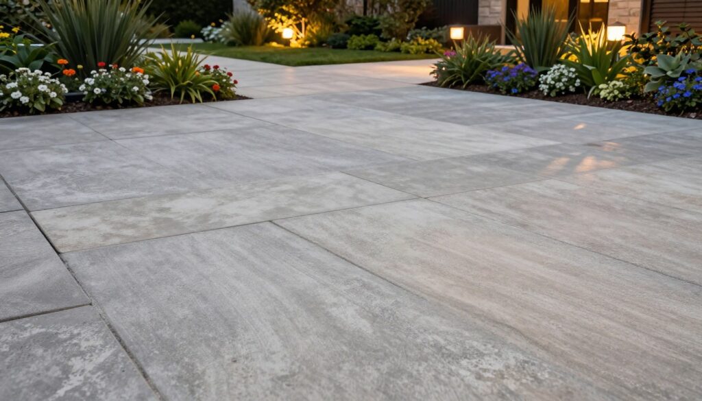 A modern outdoor setting featuring large-format concrete paving slabs elegantly arranged in a stylish patio area. In the foreground, showcase texture details of the slabs, displaying a smooth yet rugged surface with natural hues of gray and beige. The middle ground features a seamless pathway leading to a beautifully manicured garden with lush greenery and colorful flowers. In the background, softly lit evening ambiance, with warm lighting from subtle garden lights creating inviting shadows. Capture a slightly elevated angle, emphasizing the expansive layout of the slabs. The overall mood is contemporary and serene, highlighting the durability and aesthetic appeal of large-format paving stones for long-lasting outdoor spaces. A modern outdoor setting featuring large-format concrete paving slabs elegantly arranged in a stylish patio area. In the foreground, showcase texture details of the slabs, displaying a smooth yet rugged surface with natural hues of gray and beige. The middle ground features a seamless pathway leading to a beautifully manicured garden with lush greenery and colorful flowers. In the background, softly lit evening ambiance, with warm lighting from subtle garden lights creating inviting shadows. Capture a slightly elevated angle, emphasizing the expansive layout of the slabs. The overall mood is contemporary and serene, highlighting the durability and aesthetic appeal of large-format paving stones for long-lasting outdoor spaces.