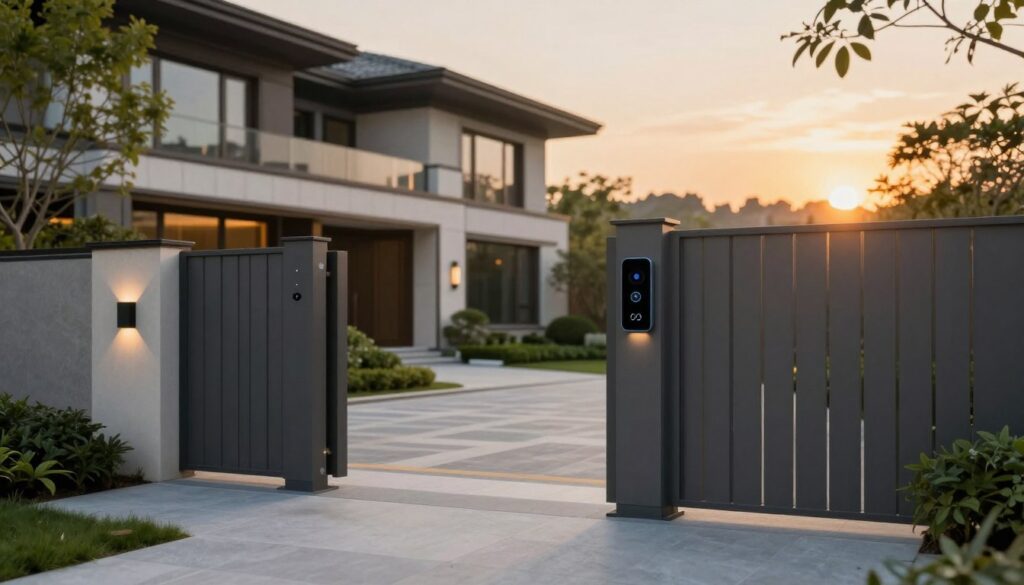 A modern residential property featuring an elegant smart fence system integrated with advanced technology. In the foreground, focus on sleek, vertical panels made of composite materials with embedded sensors and cameras, showcasing their sophisticated design. In the middle ground, a stylish driveway leads to a luxury home, surrounded by lush landscaping that complements the fence. The background displays a serene sunset sky, casting warm, golden light that highlights the modern architecture and tech elements. A tranquil, upscale ambiance underscores the seamless blend of security and aesthetics. The image should evoke feelings of safety and prestige, captured with a soft focus lens to enhance the sophistication and detail of the smart fencing solutions.