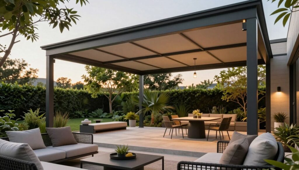 A modern terrace cover, elegantly designed with a sleek, contemporary aesthetic. In the foreground, a stylish seating area features comfortable outdoor furniture—soft cushions and a low table, inviting relaxation. The middle ground showcases a spacious terrace covered by a smart retractable canopy, providing protection from the sun while allowing natural light to filter through. The canopy is adorned with modern lighting fixtures, casting a warm glow in the evening. In the background, a lush green garden adds vibrancy, with trees providing additional shade. The scene is bathed in soft afternoon sunlight, creating a tranquil and inviting atmosphere, ideal for leisure and outdoor gatherings. The angle is slightly elevated, capturing both the design of the cover and the overall ambiance of the space. A modern terrace cover, elegantly designed with a sleek, contemporary aesthetic. In the foreground, a stylish seating area features comfortable outdoor furniture—soft cushions and a low table, inviting relaxation. The middle ground showcases a spacious terrace covered by a smart retractable canopy, providing protection from the sun while allowing natural light to filter through. The canopy is adorned with modern lighting fixtures, casting a warm glow in the evening. In the background, a lush green garden adds vibrancy, with trees providing additional shade. The scene is bathed in soft afternoon sunlight, creating a tranquil and inviting atmosphere, ideal for leisure and outdoor gatherings. The angle is slightly elevated, capturing both the design of the cover and the overall ambiance of the space.