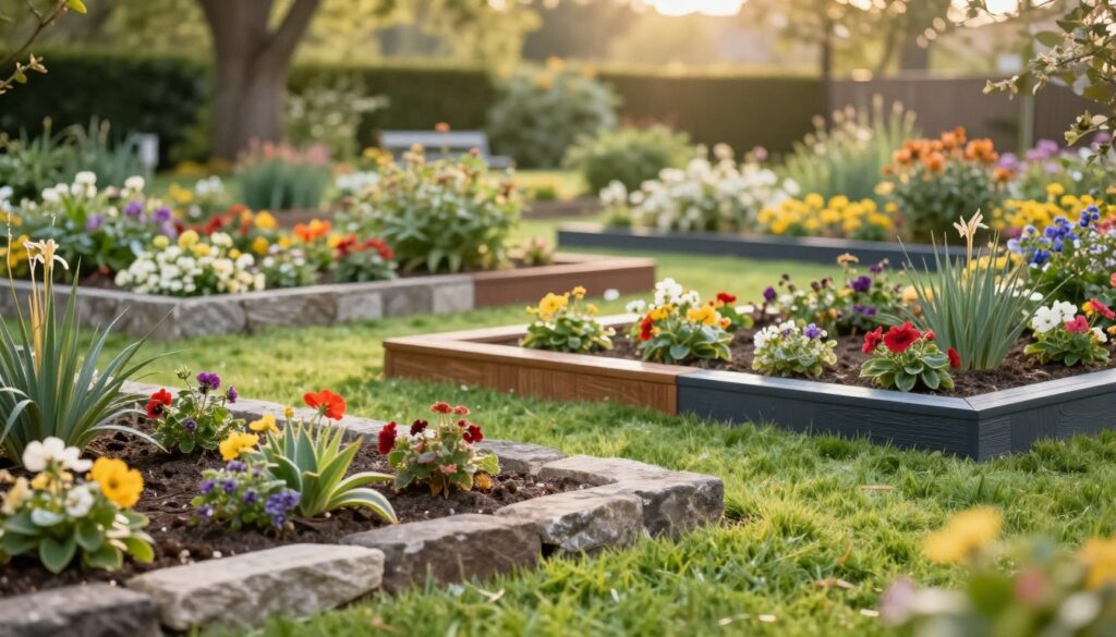A picturesque garden landscape showcasing elegant garden edges, featuring a variety of materials such as stone, wood, and metal. In the foreground, well-defined borders separate vibrant green grass from neatly arranged flower beds filled with colorful blooms. The middle ground highlights different types of garden edging, each with unique textures and finishes, emphasizing durability and style. The background fades into a lush, serene garden with soft sunlight filtering through the trees, creating a warm, inviting atmosphere. The scene is captured with a shallow depth of field, focusing on the intricacies of the garden borders, with gentle bokeh effects enhancing the overall composition. The mood is harmonious and tranquil, perfect for illustrating a refined outdoor space. A picturesque garden landscape showcasing elegant garden edges, featuring a variety of materials such as stone, wood, and metal. In the foreground, well-defined borders separate vibrant green grass from neatly arranged flower beds filled with colorful blooms. The middle ground highlights different types of garden edging, each with unique textures and finishes, emphasizing durability and style. The background fades into a lush, serene garden with soft sunlight filtering through the trees, creating a warm, inviting atmosphere. The scene is captured with a shallow depth of field, focusing on the intricacies of the garden borders, with gentle bokeh effects enhancing the overall composition. The mood is harmonious and tranquil, perfect for illustrating a refined outdoor space.