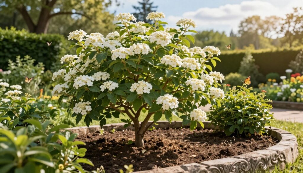 A picturesque garden scene featuring a kalina koralowa (Viburnum opulus) in full bloom, showcasing clusters of delicate white flowers. In the foreground, the vibrant green foliage complements the blossoms, attracting butterflies fluttering around. The middle ground emphasizes the well-chosen planting location with a rich, loamy soil surface and a gentle, ornate stone border. Sunlight bathes the scene in a warm, golden hue, casting soft shadows and highlighting the textures of the leaves and petals. In the background, a serene garden landscape with softly blurred trees and a tranquil sky creates an inviting atmosphere. The image should capture the essence of an ideal setting for the kalina, emphasizing both beauty and proper horticultural placement. A picturesque garden scene featuring a kalina koralowa (Viburnum opulus) in full bloom, showcasing clusters of delicate white flowers. In the foreground, the vibrant green foliage complements the blossoms, attracting butterflies fluttering around. The middle ground emphasizes the well-chosen planting location with a rich, loamy soil surface and a gentle, ornate stone border. Sunlight bathes the scene in a warm, golden hue, casting soft shadows and highlighting the textures of the leaves and petals. In the background, a serene garden landscape with softly blurred trees and a tranquil sky creates an inviting atmosphere. The image should capture the essence of an ideal setting for the kalina, emphasizing both beauty and proper horticultural placement.
