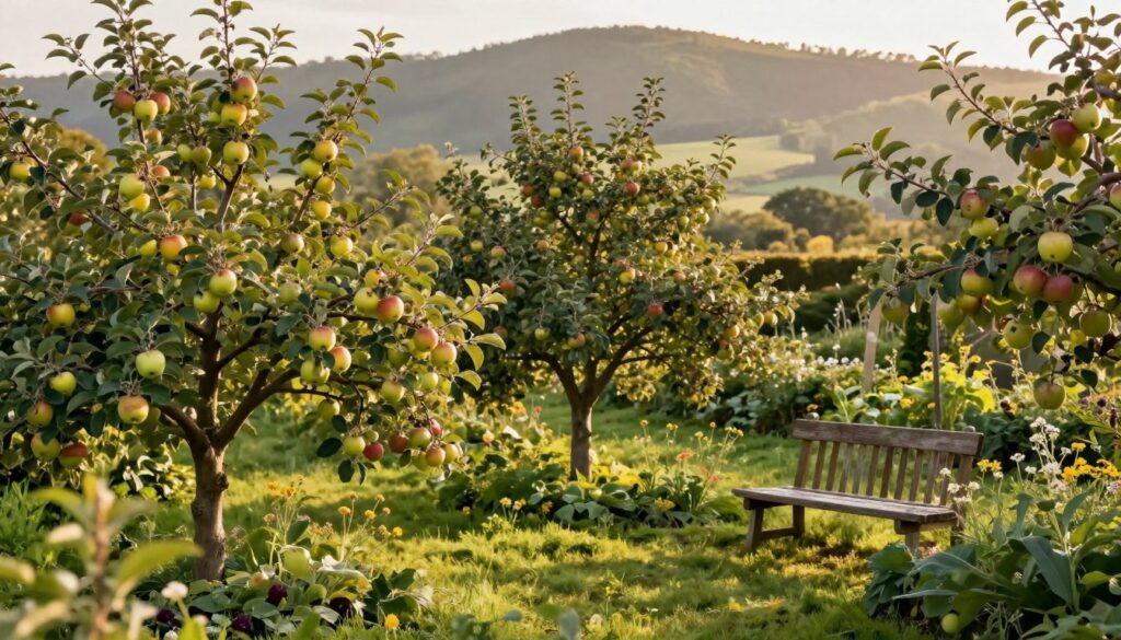 A picturesque garden scene showcasing the most interesting varieties of apple trees with small fruits. In the foreground, several vibrant apple trees are laden with clusters of tiny, colorful apples—some yellow, others red and green. The middle ground features lush green grass speckled with wildflowers, while a rustic wooden garden bench provides a cozy touch. In the background, a soft-focus of rolling hills bathed in warm, golden sunlight enhances the tranquility of the scene. The atmosphere is serene and inviting, perfect for an idyllic garden retreat. Use a wide-angle lens to capture the depth and richness of this environment, emphasizing natural lighting that casts gentle shadows and highlights the beauty of these unique apple tree varieties. A picturesque garden scene showcasing the most interesting varieties of apple trees with small fruits. In the foreground, several vibrant apple trees are laden with clusters of tiny, colorful apples—some yellow, others red and green. The middle ground features lush green grass speckled with wildflowers, while a rustic wooden garden bench provides a cozy touch. In the background, a soft-focus of rolling hills bathed in warm, golden sunlight enhances the tranquility of the scene. The atmosphere is serene and inviting, perfect for an idyllic garden retreat. Use a wide-angle lens to capture the depth and richness of this environment, emphasizing natural lighting that casts gentle shadows and highlights the beauty of these unique apple tree varieties.