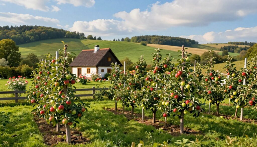 A picturesque scene of a small apple orchard in Poland, showcasing various apple tree varieties ideal for limited spaces. In the foreground, a row of neatly trimmed, dwarf apple trees laden with vibrant red and green apples, their leaves glistening in the soft morning light. The middle ground features a picturesque cottage surrounded by blooming flowers, with a wooden fence framing the scene. The background includes gentle rolling hills covered in lush greenery under a bright blue sky with fluffy white clouds. The atmosphere is serene and inviting, ideal for cultivating apple trees in a compact setting. Use warm, natural lighting to enhance the colors and create a peaceful mood, captured from a slightly elevated angle to provide a comprehensive view of the orchard layout.