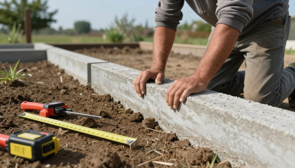 A professional landscape scene showcasing the step-by-step installation of concrete edging, capturing a close-up of a worker in modest casual clothing carefully positioning a concrete palisade into freshly dug soil. In the foreground, tools and measuring equipment are neatly arranged, emphasizing an organized workspace. The middle ground features the partially installed palisade with a few finished sections, demonstrating a stable alignment. The background highlights greenery and distant trees under clear blue skies, enhancing a serene and productive atmosphere. Soft natural lighting illuminates the scene, reflecting a warm, inviting tone, while the angle offers a slight overhead perspective to allow full visibility of the installation process without distractions. A professional landscape scene showcasing the step-by-step installation of concrete edging, capturing a close-up of a worker in modest casual clothing carefully positioning a concrete palisade into freshly dug soil. In the foreground, tools and measuring equipment are neatly arranged, emphasizing an organized workspace. The middle ground features the partially installed palisade with a few finished sections, demonstrating a stable alignment. The background highlights greenery and distant trees under clear blue skies, enhancing a serene and productive atmosphere. Soft natural lighting illuminates the scene, reflecting a warm, inviting tone, while the angle offers a slight overhead perspective to allow full visibility of the installation process without distractions.