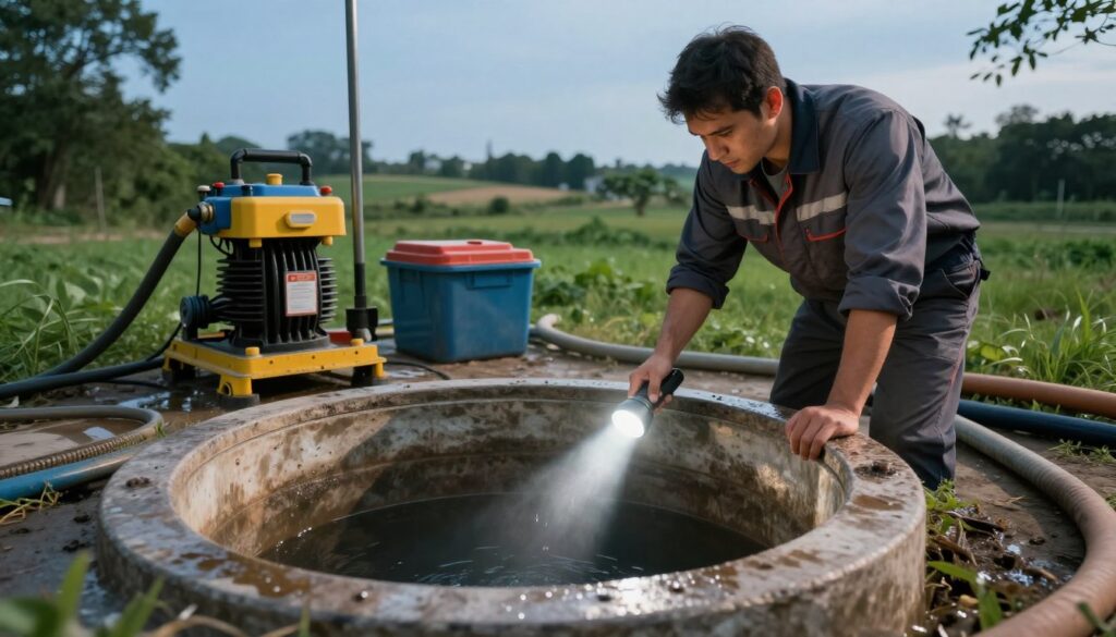 A professional technician in a business uniform is carefully inspecting a deep, circular well during the cleaning process. The foreground captures the technician holding a flashlight, illuminating the dark interior of the well, showcasing the tools and equipment designed for well cleaning. In the middle ground, various cleaning apparatus, like a pump and hoses, are positioned around the well, indicating their purpose in restoring water flow. In the background, a serene rural landscape can be seen, with green grass and trees under a clear blue sky, creating a contrast between nature and the technical activity. The lighting is warm and inviting, emphasizing a sense of trust and professionalism in the job. The overall mood is focused and industrious, reflecting the importance of professional expertise in maintaining wells. A professional technician in a business uniform is carefully inspecting a deep, circular well during the cleaning process. The foreground captures the technician holding a flashlight, illuminating the dark interior of the well, showcasing the tools and equipment designed for well cleaning. In the middle ground, various cleaning apparatus, like a pump and hoses, are positioned around the well, indicating their purpose in restoring water flow. In the background, a serene rural landscape can be seen, with green grass and trees under a clear blue sky, creating a contrast between nature and the technical activity. The lighting is warm and inviting, emphasizing a sense of trust and professionalism in the job. The overall mood is focused and industrious, reflecting the importance of professional expertise in maintaining wells.
