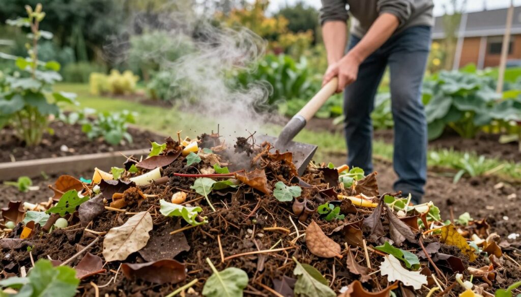 A richly detailed compost pile in the foreground, showcasing a vibrant mix of browns and greens, including decomposing leaves, vegetable scraps, and soil. The compost is textured, with steam gently rising, indicating it's actively decomposing. In the middle, a gardener wearing modest casual clothing is tending to the compost, turning it with a pitchfork, their expression focused and pleased. In the background, a lush garden with clay soil is visible, highlighted by various plants that thrive thanks to the organic matter. Soft, natural lighting illuminates the scene, creating a warm and inviting atmosphere, while the angle captures the depth of the compost pile and the gardener's interaction with it. A richly detailed compost pile in the foreground, showcasing a vibrant mix of browns and greens, including decomposing leaves, vegetable scraps, and soil. The compost is textured, with steam gently rising, indicating it's actively decomposing. In the middle, a gardener wearing modest casual clothing is tending to the compost, turning it with a pitchfork, their expression focused and pleased. In the background, a lush garden with clay soil is visible, highlighted by various plants that thrive thanks to the organic matter. Soft, natural lighting illuminates the scene, creating a warm and inviting atmosphere, while the angle captures the depth of the compost pile and the gardener's interaction with it.