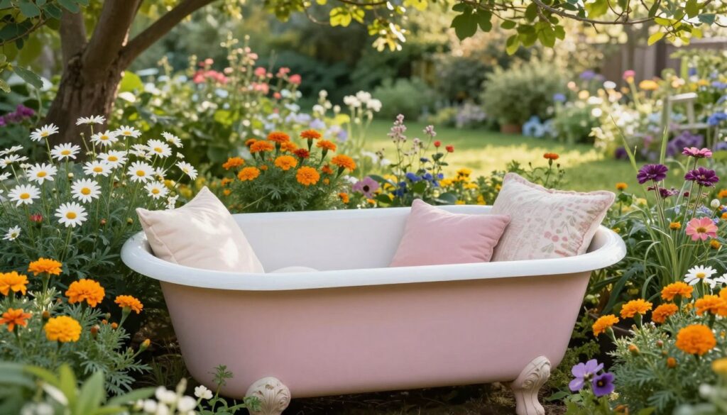A rustic garden scene featuring a creatively repurposed vintage bathtub transformed into a cozy garden seat. The bathtub, painted in a soft pastel color, is surrounded by vibrant flowering plants and lush green foliage. In the foreground, place the bathtub filled with cushions and soft, inviting throw pillows. In the middle ground, a variety of colorful flowers, including daisies and marigolds, bloom around the seat, adding warmth and charm. In the background, a serene garden landscape with gentle sunlight filtering through tree leaves creates a tranquil atmosphere. Capture the image from a slight angle, emphasizing the inviting nature of the bathtub seat, with soft, natural lighting to enhance the peaceful mood. The overall vibe should inspire relaxation and creativity in outdoor spaces. A rustic garden scene featuring a creatively repurposed vintage bathtub transformed into a cozy garden seat. The bathtub, painted in a soft pastel color, is surrounded by vibrant flowering plants and lush green foliage. In the foreground, place the bathtub filled with cushions and soft, inviting throw pillows. In the middle ground, a variety of colorful flowers, including daisies and marigolds, bloom around the seat, adding warmth and charm. In the background, a serene garden landscape with gentle sunlight filtering through tree leaves creates a tranquil atmosphere. Capture the image from a slight angle, emphasizing the inviting nature of the bathtub seat, with soft, natural lighting to enhance the peaceful mood. The overall vibe should inspire relaxation and creativity in outdoor spaces.