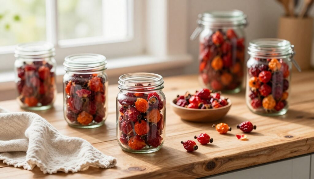 A rustic wooden kitchen table adorned with a variety of dried rose hips, showcasing their vibrant red and orange hues. In the foreground, several glass jars filled with the dried fruit are meticulously arranged, reflecting soft natural light. A delicate linen cloth is draped to one side, adding a cozy feel. In the middle ground, a small bowl with loose dried rose hips is artistically placed, while scattered rose petals hint at the source of these fruits. The background features a softly blurred window with gentle sunlight streaming in, illuminating the scene and enhancing the warm, inviting atmosphere. The overall mood is one of homeliness and resourcefulness, perfect for highlighting the preservation and utilization of dried rose hips. A rustic wooden kitchen table adorned with a variety of dried rose hips, showcasing their vibrant red and orange hues. In the foreground, several glass jars filled with the dried fruit are meticulously arranged, reflecting soft natural light. A delicate linen cloth is draped to one side, adding a cozy feel. In the middle ground, a small bowl with loose dried rose hips is artistically placed, while scattered rose petals hint at the source of these fruits. The background features a softly blurred window with gentle sunlight streaming in, illuminating the scene and enhancing the warm, inviting atmosphere. The overall mood is one of homeliness and resourcefulness, perfect for highlighting the preservation and utilization of dried rose hips.