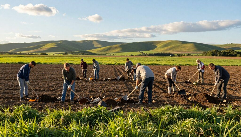 A serene agricultural landscape showcasing a team of professionals in modest casual attire engaged in soil remediation. In the foreground, a diverse group of workers is removing debris and contaminants from a freshly tilled field, using tools like shovels and rakes. The middle ground features rich, dark soil ready for planting, surrounded by vibrant green grass and a few scattered wildflowers. The background reveals rolling hills under a bright blue sky with soft clouds, illuminated by warm, late afternoon sunlight that casts gentle shadows. The atmosphere is one of focused teamwork and optimism for rejuvenating the land, emphasizing a commitment to sustainable farming practices. A serene agricultural landscape showcasing a team of professionals in modest casual attire engaged in soil remediation. In the foreground, a diverse group of workers is removing debris and contaminants from a freshly tilled field, using tools like shovels and rakes. The middle ground features rich, dark soil ready for planting, surrounded by vibrant green grass and a few scattered wildflowers. The background reveals rolling hills under a bright blue sky with soft clouds, illuminated by warm, late afternoon sunlight that casts gentle shadows. The atmosphere is one of focused teamwork and optimism for rejuvenating the land, emphasizing a commitment to sustainable farming practices.