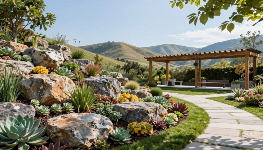 A serene alpine garden with a natural rock garden design blending harmoniously with contemporary garden architecture. The foreground features a diverse arrangement of colorful alpine plants and hardy succulents nestled among rugged stones, showcasing intricate textures. In the middle ground, a stylish wooden pergola and a sleek stone pathway guide the eye, accented by soft green grass. The background features gentle rolling hills under a clear blue sky, enhancing the tranquil atmosphere. Soft, diffused sunlight filters through the leaves creating gentle shadows, while the overall mood is calm and inviting, perfect for garden enthusiasts. The scene is captured with a wide-angle lens to encompass both the lush flora and the architectural elements seamlessly. A serene alpine garden with a natural rock garden design blending harmoniously with contemporary garden architecture. The foreground features a diverse arrangement of colorful alpine plants and hardy succulents nestled among rugged stones, showcasing intricate textures. In the middle ground, a stylish wooden pergola and a sleek stone pathway guide the eye, accented by soft green grass. The background features gentle rolling hills under a clear blue sky, enhancing the tranquil atmosphere. Soft, diffused sunlight filters through the leaves creating gentle shadows, while the overall mood is calm and inviting, perfect for garden enthusiasts. The scene is captured with a wide-angle lens to encompass both the lush flora and the architectural elements seamlessly.
