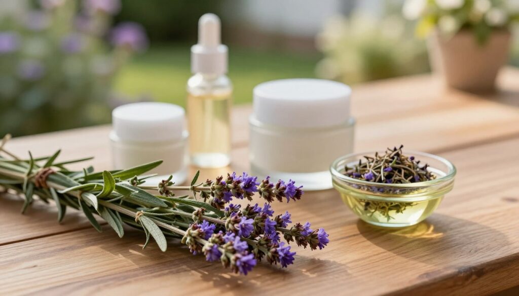 A serene and elegant display of dried verbena leaves and flowers, arranged artfully on a smooth wooden surface. The foreground showcases a close-up of the vibrant green and purple hues of the herb, with delicate textures highlighted by soft, natural lighting. In the middle, a few artisanal cosmetic jars crafted from frosted glass, exuding a calming essence, are positioned alongside a small bowl of verbena-infused oil. The background should feature a blurred garden terrace, bathed in warm afternoon sunlight, with hints of greenery and flowers subtly suggesting a relaxing atmosphere. The entire scene should convey a sense of tranquility and the enduring aroma of verbena, inviting viewers to appreciate its long-lasting scent. A serene and elegant display of dried verbena leaves and flowers, arranged artfully on a smooth wooden surface. The foreground showcases a close-up of the vibrant green and purple hues of the herb, with delicate textures highlighted by soft, natural lighting. In the middle, a few artisanal cosmetic jars crafted from frosted glass, exuding a calming essence, are positioned alongside a small bowl of verbena-infused oil. The background should feature a blurred garden terrace, bathed in warm afternoon sunlight, with hints of greenery and flowers subtly suggesting a relaxing atmosphere. The entire scene should convey a sense of tranquility and the enduring aroma of verbena, inviting viewers to appreciate its long-lasting scent.
