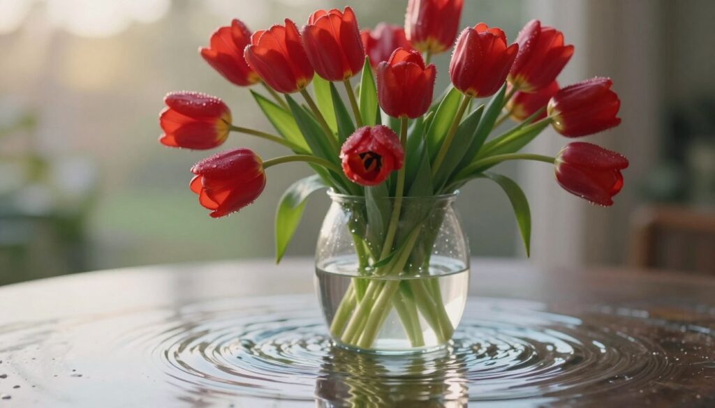 A serene and elegant still life featuring a clear glass vase filled with vibrant red tulips standing majestically above water that gently swirls around the stems. The foreground highlights the smooth, reflective surface of the water, showcasing delicate ripples that catch the light. In the middle ground, the tulips bloom with lush green leaves, their petals glistening as if freshly dew-kissed. The background features a soft-focus, natural setting, with hints of gentle sunlight filtering through, creating a warm and inviting atmosphere. The lighting is soft and diffused, evoking a calm mood. The image is captured from a slightly elevated angle, emphasizing the beauty and freshness of the flowers in the vase, inviting viewers to contemplate the best water for lasting tulip arrangements.
