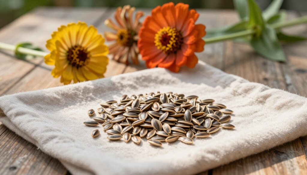 A serene and focused scene depicting the proper drying process of zinnia seeds, emphasizing the delicate brown seeds arranged neatly on a soft, light-colored cloth in the foreground, with subtle sunlight casting gentle shadows to enhance their textures. In the middle ground, a few zinnia flowers are visibly fading at the edges, hinting at the time of harvest. In the background, a rustic wooden table is softly illuminated, giving an organic feel. The atmosphere is calm and nurturing, evoking a sense of care for the gardening process. Use natural lighting for a warm glow, and capture the image from a slightly elevated angle for a comprehensive view, ensuring clarity and detail in each element. A serene and focused scene depicting the proper drying process of zinnia seeds, emphasizing the delicate brown seeds arranged neatly on a soft, light-colored cloth in the foreground, with subtle sunlight casting gentle shadows to enhance their textures. In the middle ground, a few zinnia flowers are visibly fading at the edges, hinting at the time of harvest. In the background, a rustic wooden table is softly illuminated, giving an organic feel. The atmosphere is calm and nurturing, evoking a sense of care for the gardening process. Use natural lighting for a warm glow, and capture the image from a slightly elevated angle for a comprehensive view, ensuring clarity and detail in each element.