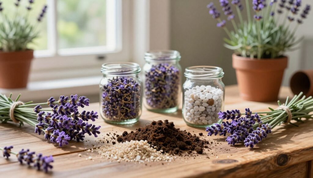 A serene and harmonious scene showcasing the ideal ingredients for a lavender potting mix. In the foreground, a wooden table displays vibrant purple lavender flowers, coarse sand, and light, crumbly potting soil scattered artistically around. In the middle, there are charming glass jars filled with dried lavender buds, perlite, and small pebbles, hinting at the perfect blend for healthy lavender growth. In the background, soft natural light filters through a nearby window, illuminating a rustic garden with potted lavender plants basking in the sun. Aim for a warm, inviting atmosphere that emphasizes the beauty of gardening and the sensory appeal of lavender, capturing the essence of a nurturing environment for plants. A serene and harmonious scene showcasing the ideal ingredients for a lavender potting mix. In the foreground, a wooden table displays vibrant purple lavender flowers, coarse sand, and light, crumbly potting soil scattered artistically around. In the middle, there are charming glass jars filled with dried lavender buds, perlite, and small pebbles, hinting at the perfect blend for healthy lavender growth. In the background, soft natural light filters through a nearby window, illuminating a rustic garden with potted lavender plants basking in the sun. Aim for a warm, inviting atmosphere that emphasizes the beauty of gardening and the sensory appeal of lavender, capturing the essence of a nurturing environment for plants.