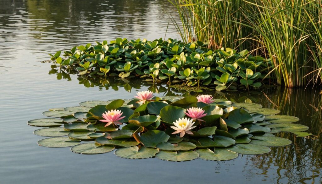 A serene and harmonious small pond scene featuring vibrant floating plants like water lilies and duckweed. In the foreground, lush green lily pads dot the surface, some adorned with delicate pink and white blossoms. The midground reveals clusters of small, leafy foliage that create a natural canopy above the water, reflecting the sunlight. In the background, gently swaying reeds frame the pond, with soft ripples disturbed by a light breeze. The lighting is warm and golden, as if it’s late afternoon, casting soft shadows across the water's surface. The atmosphere is tranquil, evoking a sense of calm and connection with nature, highlighting the essential role of floating plants in maintaining water clarity and ecosystem balance.